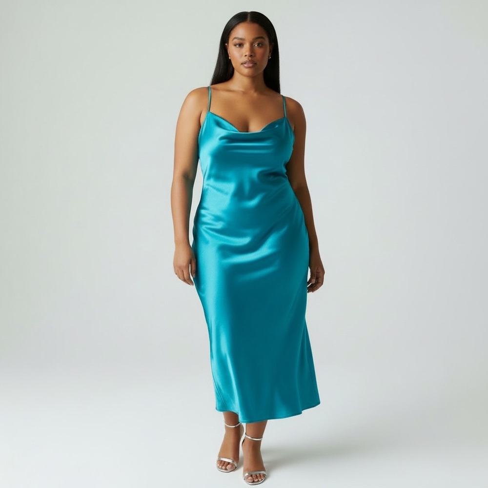bebe blue satin cowl neck sleeveless Pull Over Midi Slip Dress